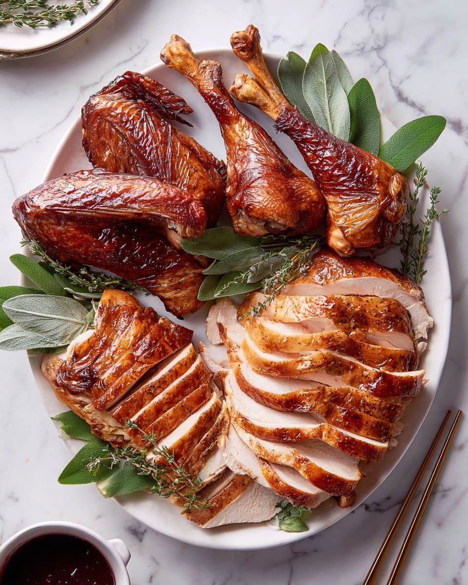 The dish shows a white plate filled with four types of cooked turkey parts arranged neatly. At the top left, two turkey wings with brown crispy skin lay crossed. Below them, two turkey legs with a shiny, dark brown surface sit side by side. On the right side of the plate, sliced turkey breast pieces are stacked in two layers with golden-brown skin and soft white meat inside. The plate is decorated with green leaves and small sprigs of herbs placed around the turkey pieces. The background is a white marbled surface, and a small white bowl with dark red sauce and chopsticks is visible on the right edge. Photo taken with an iphone --ar 4:5 --v 7