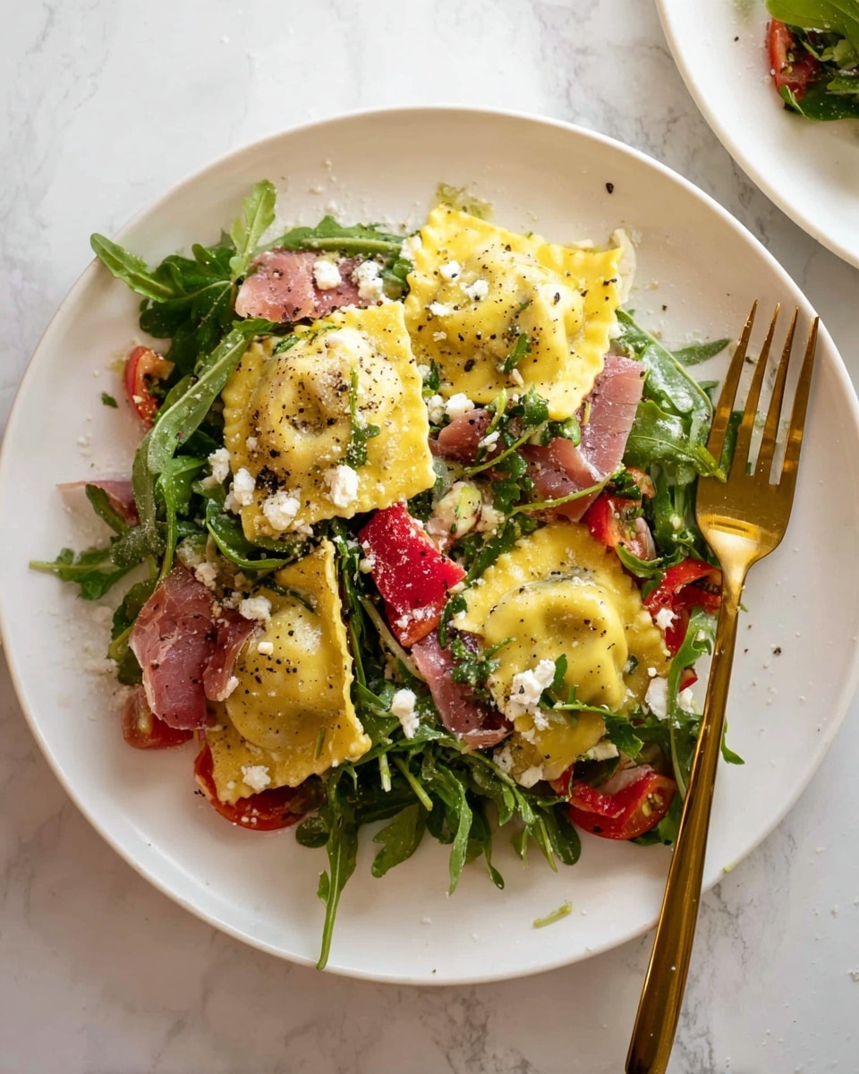A white bowl filled with three layers of food is shown on a white marbled surface. The bottom layer consists of yellow tortellini pasta, smooth and slightly shiny. The middle layer has chunks of red bell pepper and pieces of pinkish-red salami scattered evenly. The top layer is made up of bright green arugula leaves mixed with small bits of white cheese and tiny black pepper specks. The overall look is fresh with a mix of soft and leafy textures. Photo taken with an iphone --ar 4:5 --v 7