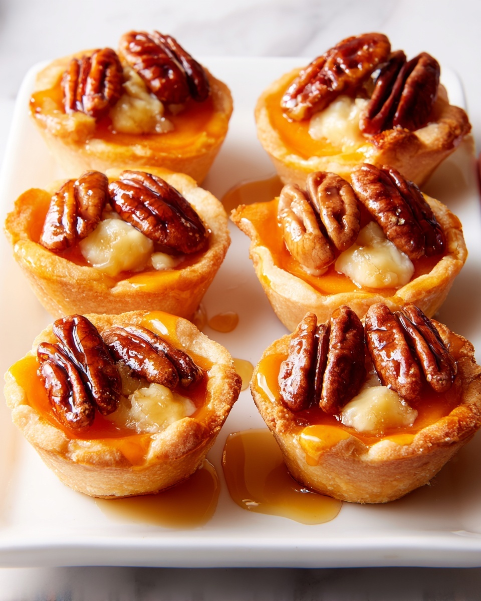 There are six mini baked tarts arranged on a white rectangular plate set on a white marbled surface. Each tart has a golden brown crust forming the base and edges. The first layer inside the crust is a smooth orange filling. On top of this filling are small dollops of melted white cheese, slightly browned. Each tart is topped with a single glossy pecan half that has syrup dripping down the sides, creating small pools of syrup on the plate below. The overall look is warm and glossy with a mix of soft and crunchy textures. Photo taken with an iphone --ar 4:5 --v 7