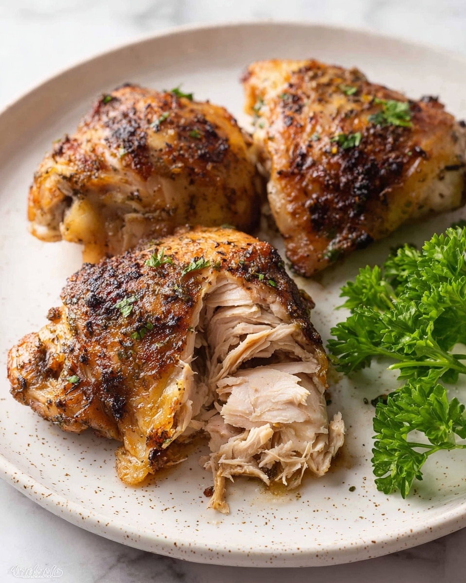 Three pieces of roasted chicken thighs are placed on a white plate with a light speckled rim, all showing a crispy brown and blackened skin with visible herbs. One piece in the front is torn open to reveal the soft, light beige cooked chicken meat inside with a fibrous texture. Two sprigs of fresh curly parsley sit on the right side of the plate, adding a bright green contrast. The plate rests on a white marbled surface. photo taken with an iphone --ar 4:5 --v 7