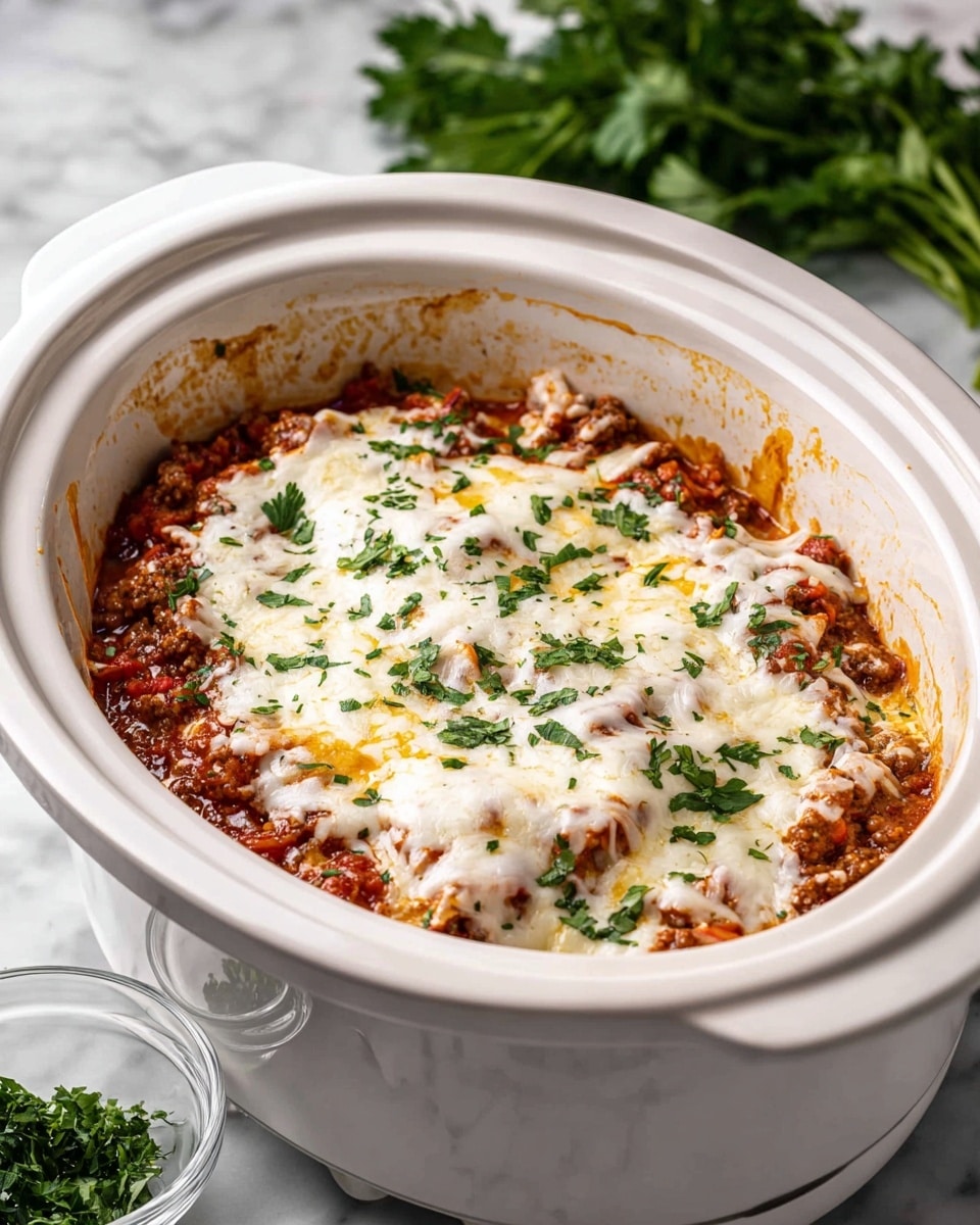 The image shows a white slow cooker filled with a lasagna dish. The top layer is melted white cheese with some light golden spots and a sprinkling of green chopped herbs. Below the cheese, there is a layer of chunky red tomato sauce mixed with browned ground meat. The sides of the slow cooker show slightly browned and bubbling sauce and cheese near the edges. The cooker sits on a white marbled surface with fresh green herbs blurred in the background and a small clear bowl of additional chopped herbs beside it. Photo taken with an iphone --ar 4:5 --v 7