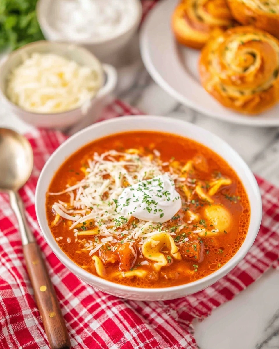 In the image, a white bowl sits on a red and white checkered cloth on a white marbled surface, filled with a rich red-orange tomato soup with visible chunks of yellow pasta or dumplings, shredded white cheese scattered over the top, and a dollop of white sour cream sprinkled with green herbs on one side. To the back right, a white plate holds two golden brown, spiral-shaped bread rolls. In the background to the left, small white bowls hold white shredded cheese and a creamy white sauce with green herbs on top. A spoon with a wooden handle and metal head lies next to the bowl, and a woman's hand is holding the cloth near the spoon. Photo taken with an iphone --ar 4:5 --v 7