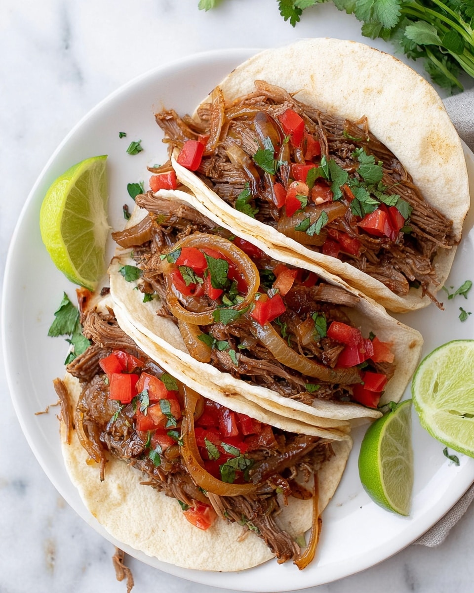 Three soft white tortillas are filled with layers of brown shredded meat, topped with caramelized golden-brown onion slices, bright red chopped tomatoes, and green cilantro leaves. The tacos rest slightly overlapping on a white plate with two lime wedges tucked beside them. A few scattered green cilantro leaves decorate the white marbled surface beneath the plate. The image is light and fresh, showing clear texture on the meat, onions, and toppings. Photo taken with an iphone --ar 4:5 --v 7