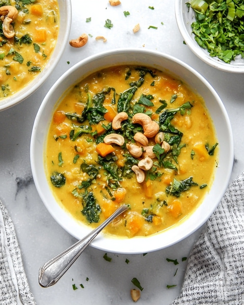 The image shows a white bowl filled with thick yellow soup, topped with green leafy herbs and a few whole cashew nuts scattered on top. The soup has chunks of orange vegetables and some green pieces mixed inside, giving it a layered look of smooth and chunky textures. A silver spoon rests inside the bowl, slightly dipping into the soup. The bowl is placed on a white marbled surface with some small bits of herbs scattered around, alongside a glimpse of another bowl with chopped greens and part of a striped cloth near the bottom right. Photo taken with an iphone --ar 4:5 --v 7