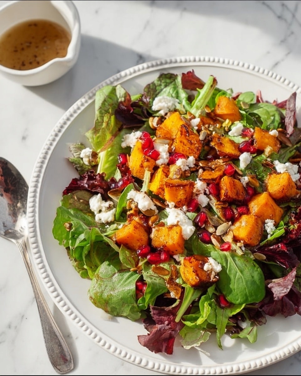 The dish is a salad served on a white plate with a beaded edge detail, placed on a white marbled surface. The salad has several layers, starting with a base of mixed green leaves including baby spinach and red leafy greens. On top, there are bright orange roasted squash chunks scattered evenly. Small white crumbles of cheese are spread throughout, adding a soft texture contrast. Scattered shiny red pomegranate seeds add pops of color, and there are pieces of toasted nuts and seeds sprinkled across. A light brown vinaigrette is partially visible in a small white bowl next to the plate, and a silver spoon is resting beside it. The lighting is natural and bright, highlighting the fresh ingredients photo taken with an iphone --ar 4:5 --v 7