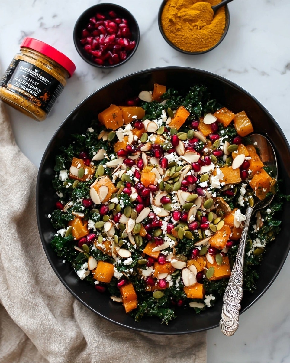 The image shows a large black bowl filled with a colorful salad layered with dark green kale leaves as the base. On top, there are bright orange chunks of roasted squash scattered evenly. Red pomegranate seeds are sprinkled throughout, adding pops of deep red. Thin, light beige sliced almonds and green pumpkin seeds are spread over the salad, adding texture. Crumbled white cheese is scattered on top, providing contrast. Inside the bowl, a silver spoon with ornate designs rests among the ingredients. Next to the bowl, a small black bowl holds more pomegranate seeds. A jar of ground turmeric with a red lid sits on the left side on a white marbled surface covered partially by a light beige cloth. Photo taken with an iphone --ar 4:5 --v 7