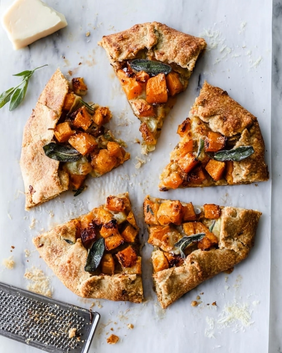 A round galette is sliced into six pieces and arranged in a loose circle on a white marbled surface. The galette has a thick, golden-brown crust with a slightly rough texture, folded over the filling. Inside each slice, there are chunky orange cubes that look like roasted vegetables, likely butternut squash, with a few dark green leaves scattered on top of the crust. Some filling pieces have spilled out onto the surface. Near the bottom left corner, there is a white block of cheese and a metal grater with some cheese shavings around them. Photo taken with an iphone --ar 4:5 --v 7
