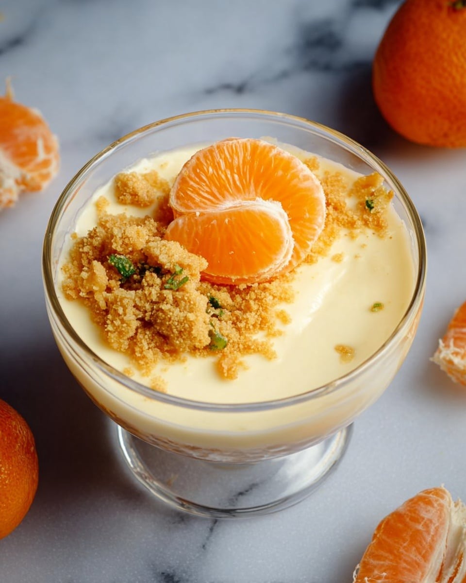 A glass bowl holds a smooth, creamy pale yellow dessert as the base layer. On top, there is a bright orange tangerine slice partly peeled, placed slightly off-center. Next to the tangerine sits a rough, crumbly golden-brown topping with small green bits scattered through it. Around the bowl on a white marbled surface, there are a few whole and partly peeled tangerine pieces. photo taken with an iphone --ar 4:5 --v 7
