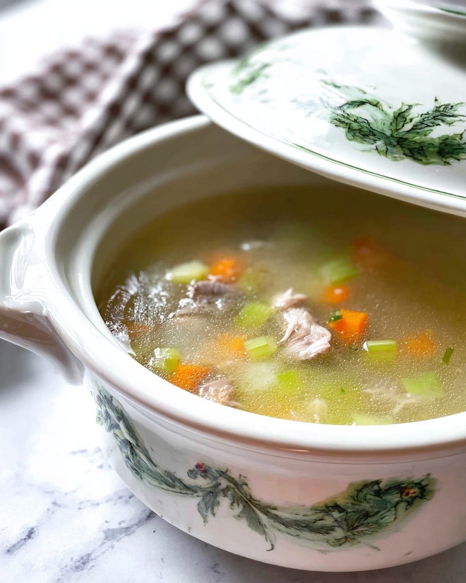 The image shows a white ceramic soup tureen with green floral designs holding a light yellow clear broth with small chunks of white onion, orange carrot, light green celery, and pieces of cooked meat floating inside. The tureen is on a white marbled surface. In the background, the lid of the tureen is leaning against a checkered cloth. The light in the picture makes the soup look warm and fresh. photo taken with an iphone --ar 4:5 --v 7