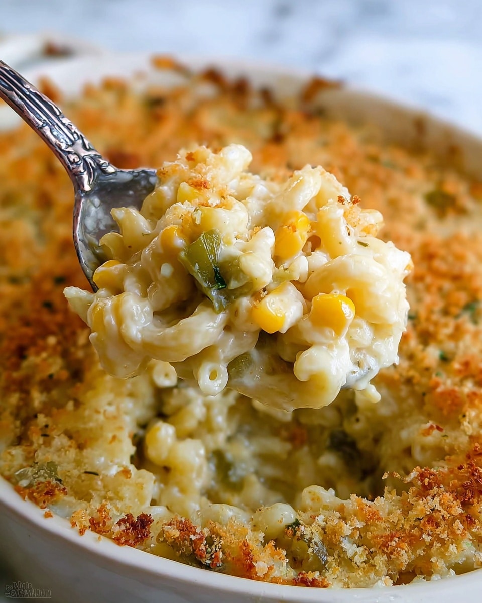 The image shows a close-up of a spoon lifting creamy macaroni and cheese mixed with bright yellow corn and small green pieces, likely peppers or vegetables, from a baked casserole dish. The dish has a golden-brown, crispy breadcrumb topping visible around the edges, sitting in a white casserole. The macaroni pasta is soft and coated with smooth, melted cheese sauce, creating a rich and comforting look against the crunchy crumb layer and colorful vegetable bits. The background surface is a white marbled texture. Photo taken with an iphone --ar 4:5 --v 7