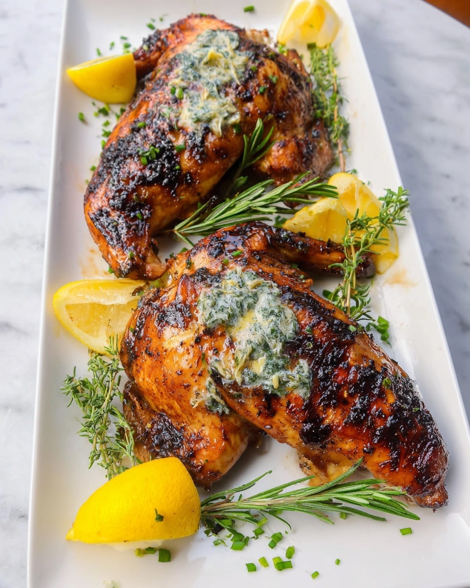The image shows two golden-brown grilled chicken halves with dark grill marks and a peppery, slightly crispy skin sitting on a black grill. The chicken looks juicy with a shiny surface that reflects light, and there is a small part of another piece of grilled chicken visible in the bottom left corner. The background is out of focus but dark, highlighting the chicken's texture and color. The photo taken with an iphone --ar 4:5 --v 7