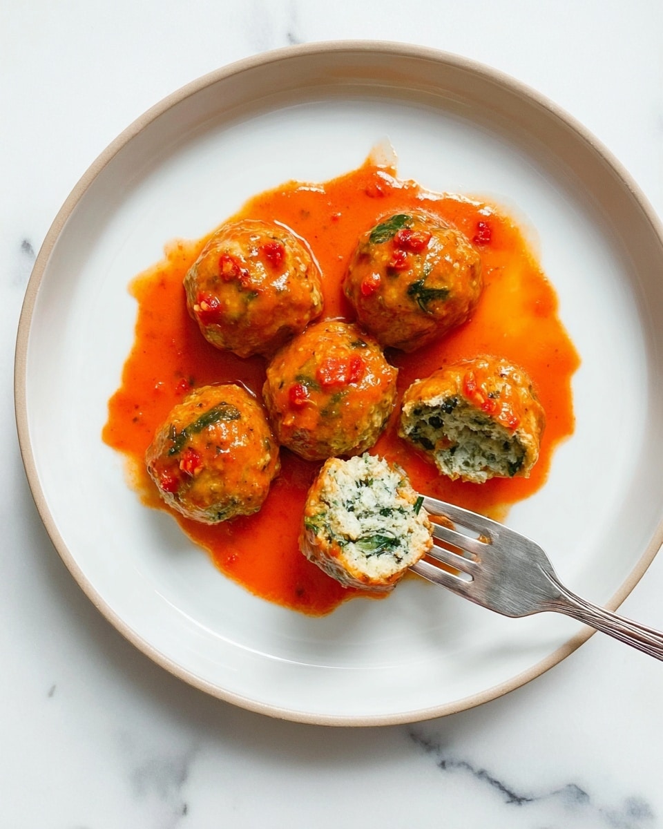 On a white plate, there are six round, orange-red balls covered in sauce with visible small red bits, arranged in a circle with one ball cut in half showing a white and green leafy inside. The balls sit on a pool of bright orange-red sauce that spreads slightly beneath them. A silver fork holds one half of the cut ball, displaying its creamy and textured green and white filling. The plate and fork rest on a white marbled surface. photo taken with an iphone --ar 4:5 --v 7