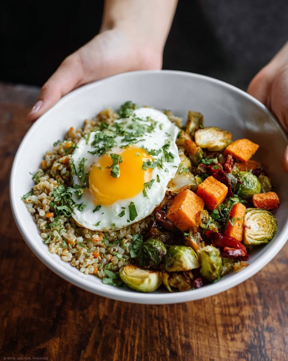 A white bowl is held by a woman's hands above a wooden surface. Inside the bowl, on the left side, there is a layer of light brown cooked grains with a slightly loose texture. On top of the grains, near the center, lies a fried egg with a bright yellow yolk and white edges, garnished with chopped green herbs. To the right of the egg, there is a colorful mix of roasted vegetables including orange cubes, green Brussels sprouts, and red pieces, all showing a slightly crispy texture. The bowl sits against a dark blurred background. Photo taken with an iphone --ar 4:5 --v 7