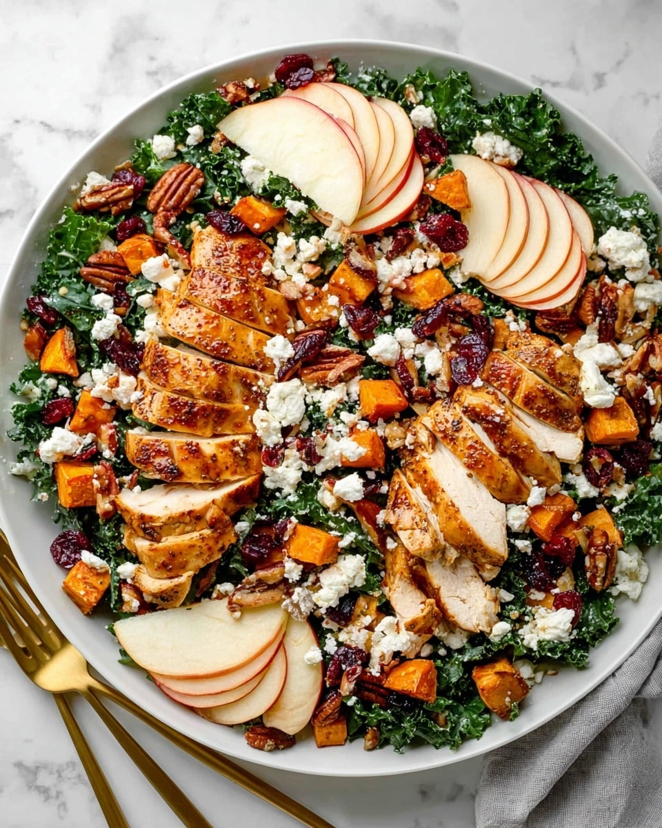 This dish is a salad served in a large white plate on a white marbled surface. The base layer is dark green kale leaves spread evenly across the plate. On top, there are small orange roasted sweet potato cubes scattered all over. There are thin slices of red apple with pale flesh placed in several spots on the salad. Large pieces of cooked chicken with a golden-brown grilled crust are arranged in two clusters, one sliced and one whole, showing the white inside. White crumbled cheese is sprinkled over the salad, adding texture. Small dark red dried cranberries and medium brown pecan halves are scattered throughout the dish. Beside the plate, two gold-colored forks rest on the surface. Photo taken with an iphone --ar 4:5 --v 7