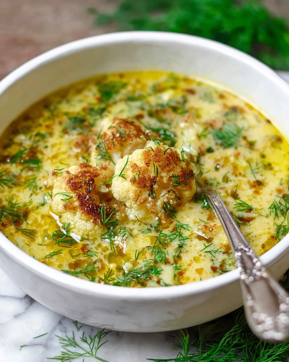 A white bowl is filled with a creamy yellow soup that has small pieces of browned cauliflower floating on top, creating a textured and hearty look. The soup surface glistens with a thin layer of oil, and it is garnished with fresh green dill sprigs scattered around and on the cauliflower. The bowl sits on a wooden surface with some blurred greenery in the background, adding a fresh and natural feel. photo taken with an iphone --ar 4:5 --v 7