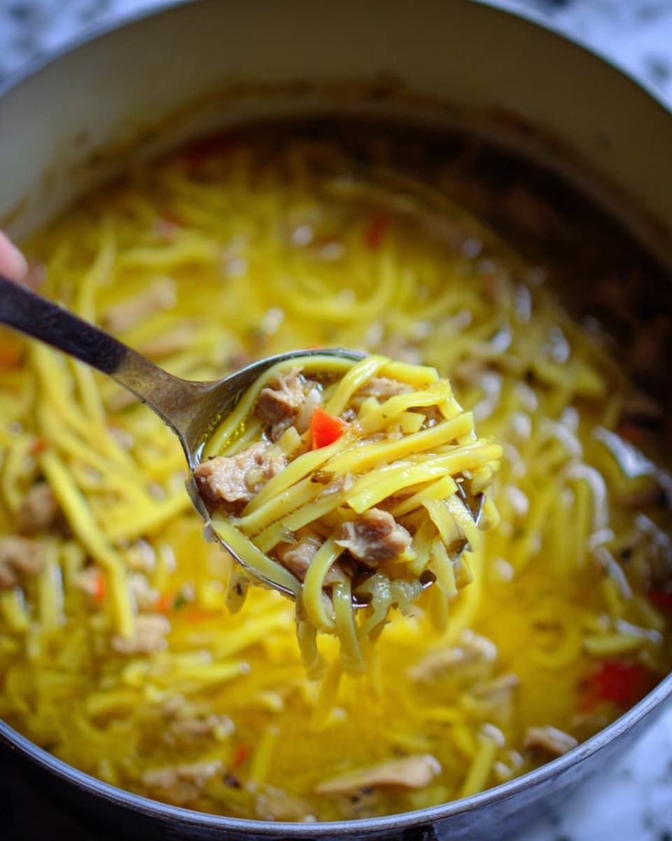 A close-up image shows a silver spoon holding two thick, yellow noodle strands, a piece of light brown cooked chicken, and a small red bell pepper cube. In the background, there is a blurry pile of similar yellow noodles mixed with more pieces of chicken and small red and green vegetables, all inside a white bowl. The surface beneath is white marble, softly lit with warm light making the colors of the food look bright and fresh. photo taken with an iphone --ar 4:5 --v 7