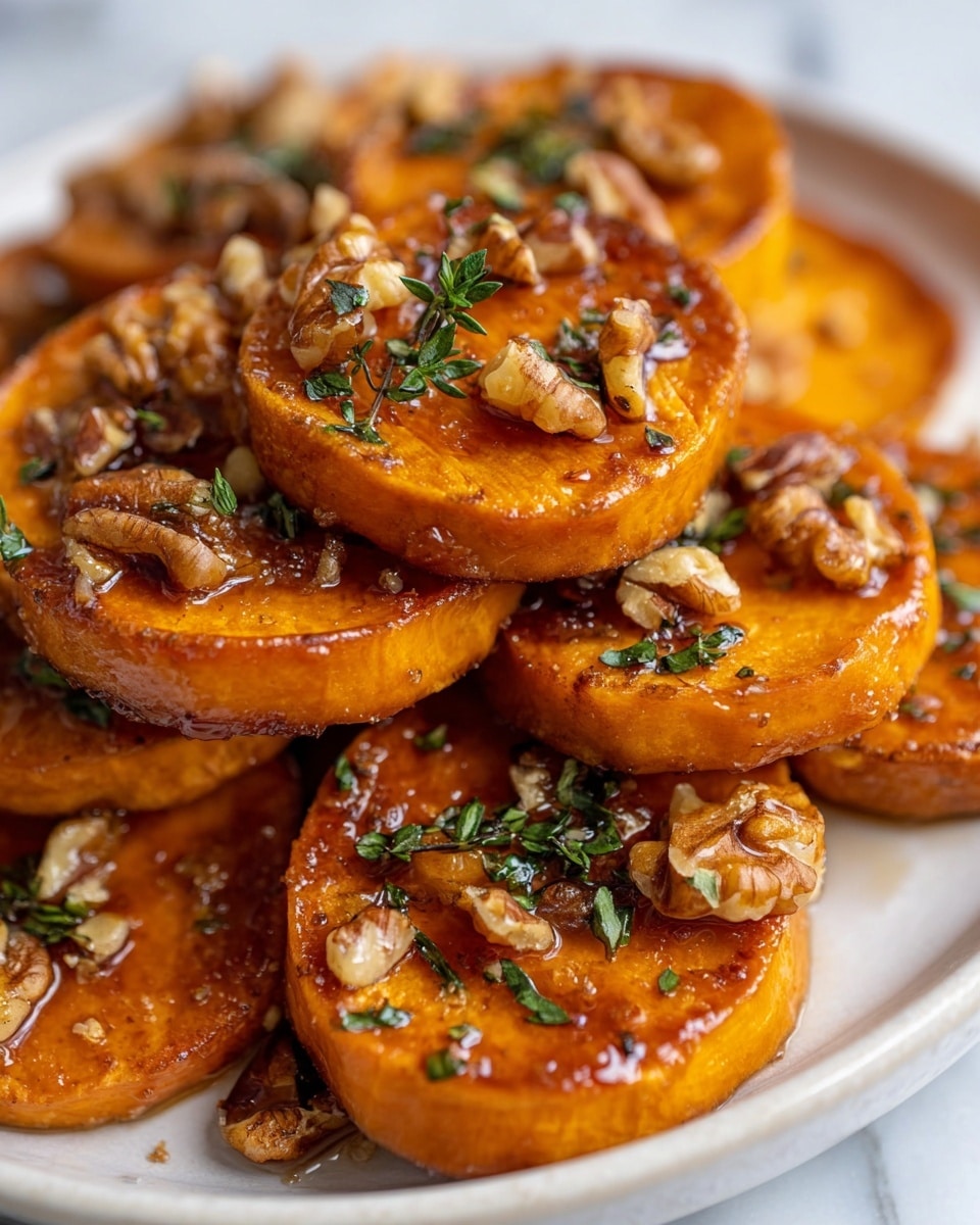 The image shows stacked slices of roasted sweet potato, each round slice deep orange with slightly crispy edges and a shiny glaze on top. On each slice, there are small clusters of chopped walnuts mixed with fresh green herbs, adding texture and color contrast. The sweet potato slices are placed on a white plate, set on a white marbled surface. The close-up shot highlights the glossy coating and the rough texture of the walnuts. photo taken with an iphone --ar 4:5 --v 7
