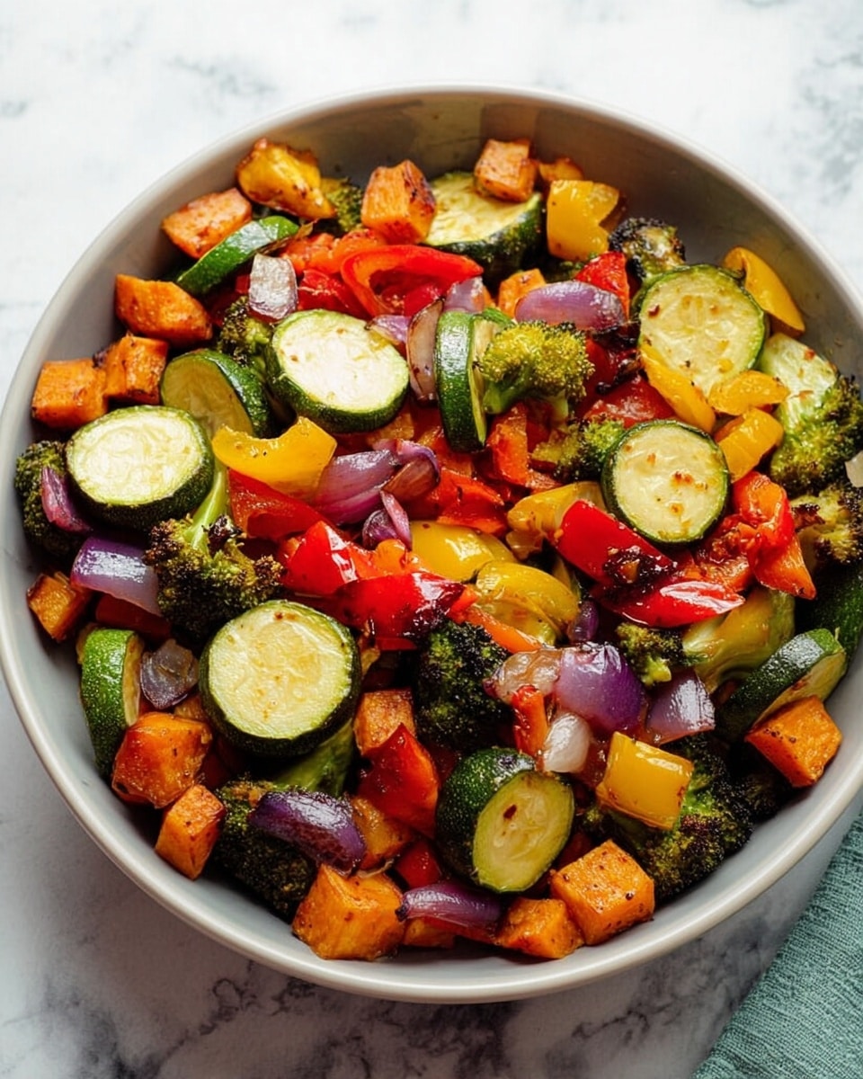 A white bowl filled with a colorful mix of roasted vegetables on a white marbled surface. The dish has thick slices of green zucchini with light browning, small bright orange cubes of sweet potato, roughly chopped red and yellow bell peppers, small pieces of purple onion, and dark green broccoli florets with slightly charred edges. The vegetables are mixed evenly, creating a vibrant and textured appearance. Photo taken with an iphone --ar 4:5 --v 7