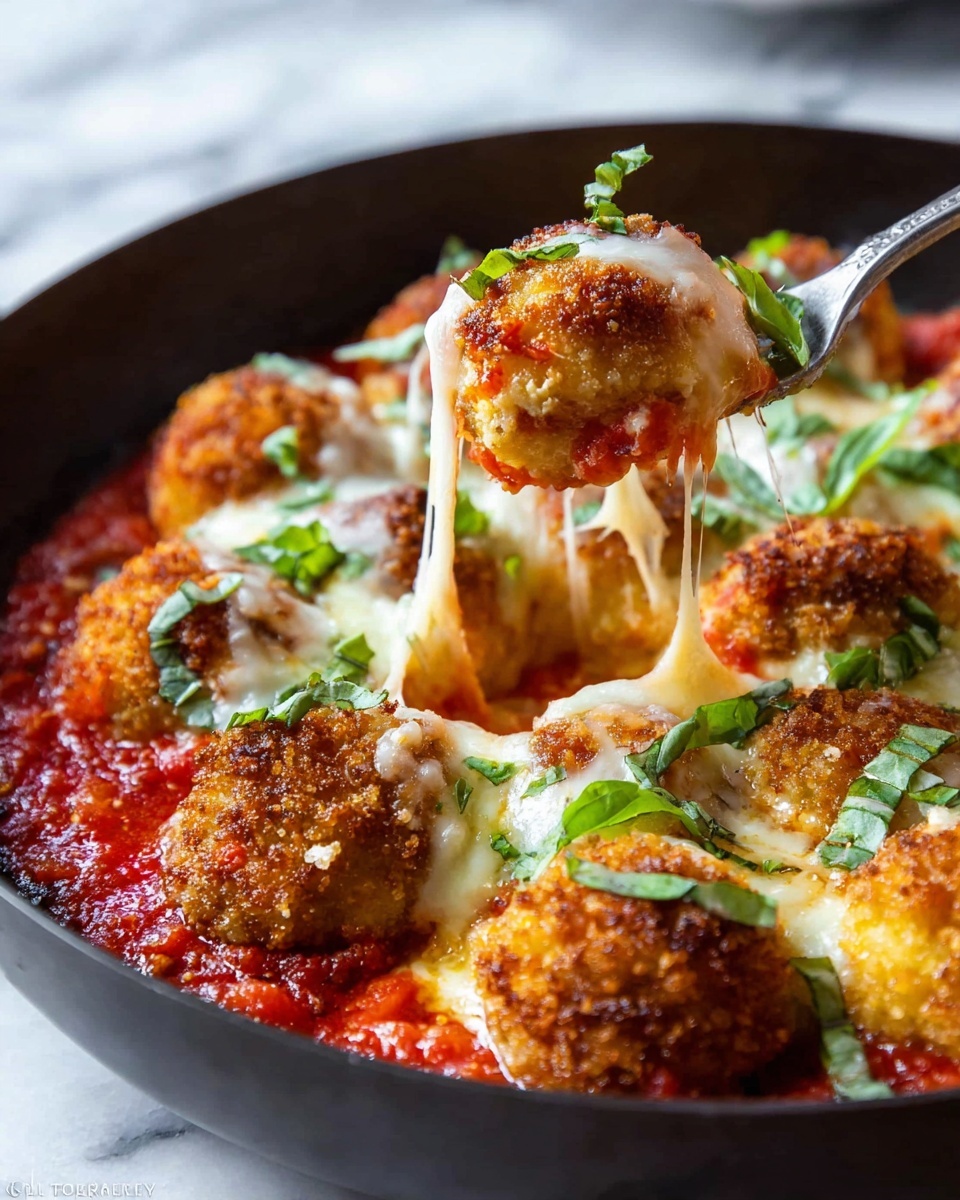 The image shows a round dish layered with a rich red tomato sauce at the bottom, topped with golden brown breaded balls that have a crispy texture. Melted white cheese covers the balls, with some cheese stretching as a silver fork lifts one ball. Fresh green basil leaves are scattered on top, adding a pop of color. The dish is in a dark round pan, placed on a white marbled surface. photo taken with an iphone --ar 4:5 --v 7