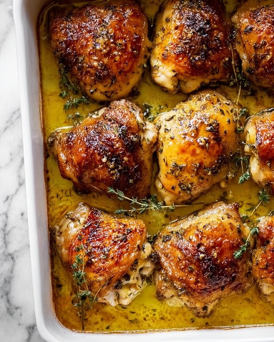 The image shows eight pieces of cooked chicken thighs with golden brown, crispy skin, placed closely together in a white rectangular baking dish. The chicken pieces have a shiny texture with herbs sprinkled on top, and some small green sprigs of thyme are visible as garnish. The baking dish contains light yellowish cooking juices around the chicken. The dish is set on a white marbled surface. Photo taken with an iphone --ar 4:5 --v 7