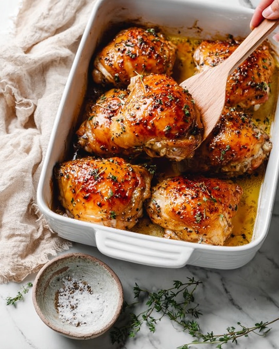 The image shows a white baking dish filled with six golden brown baked chicken thighs, each with crispy skin seasoned with herbs and small black pepper specks on top. A woman's hand holds a light wooden spatula lifting one chicken thigh, revealing a juicy and slightly glossy texture underneath. The dish sits on a white marbled surface with a beige linen cloth partially visible on the left side. In front of the dish is a small ceramic bowl with coarse salt and black pepper, and a few sprigs of green thyme lie casually around the bowl and dish edges. The lighting is soft and natural, highlighting the glossy and textured skin of the chicken. photo taken with an iphone --ar 4:5 --v 7