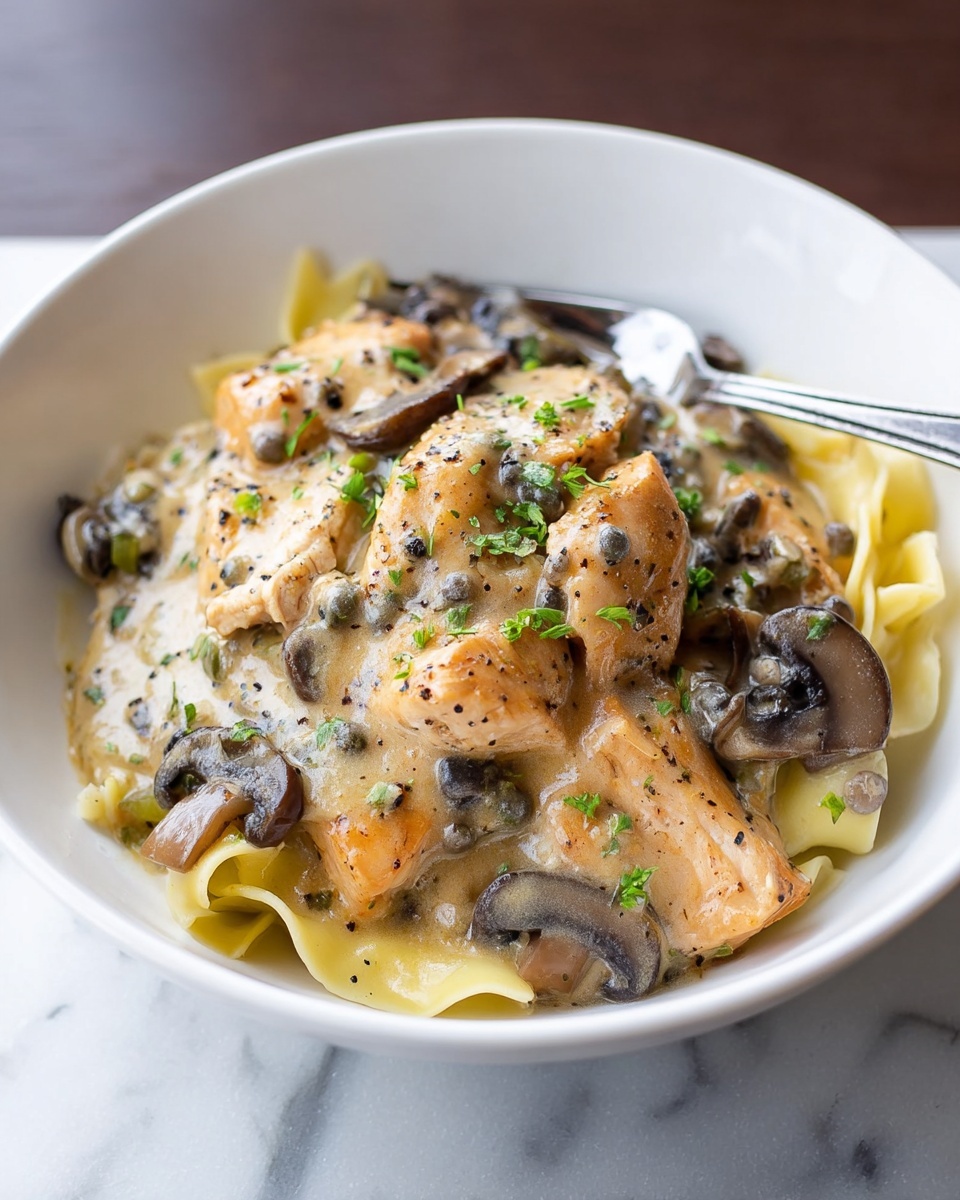 A white bowl holds a layered dish starting with flat pasta ribbons at the bottom. On top, there are thick pieces of light brown cooked chicken mixed with dark brown sliced mushrooms. The dish is covered in a creamy beige sauce with specks of black pepper and garnished with small green herb leaves scattered across the top. A silver fork and spoon rest on the edge of the bowl. The bowl is placed on a white marbled surface. Photo taken with an iphone --ar 4:5 --v 7