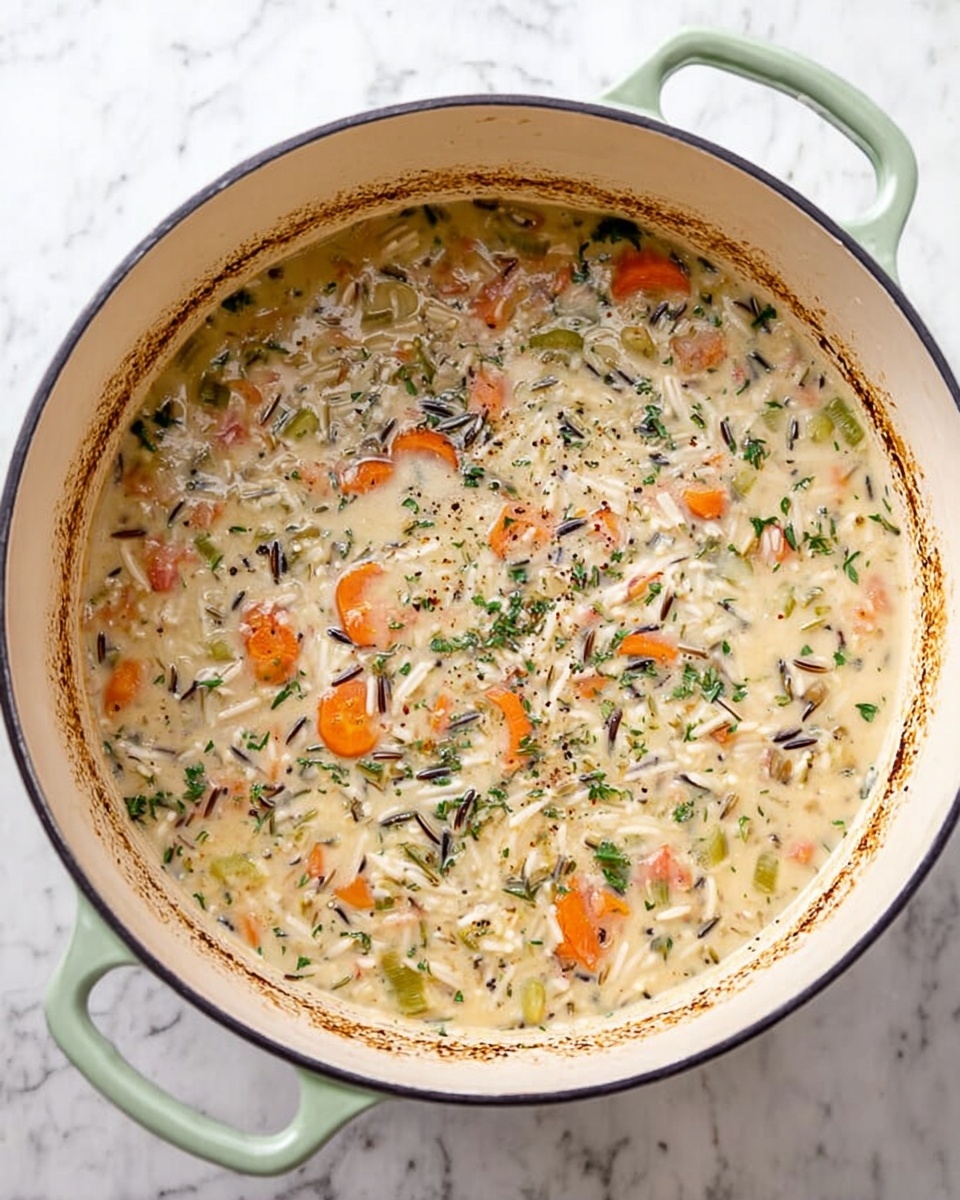 A large white pot filled with a creamy soup that has visible slices of orange carrots, small green herbs, thin white noodles, and bits of wild rice. The soup has a light beige color with black pepper sprinkled on top, and the edges of the pot show some browned soup residue. The pot is set on a white marbled surface, and the pot handles are light green. Photo taken with an iphone --ar 4:5 --v 7