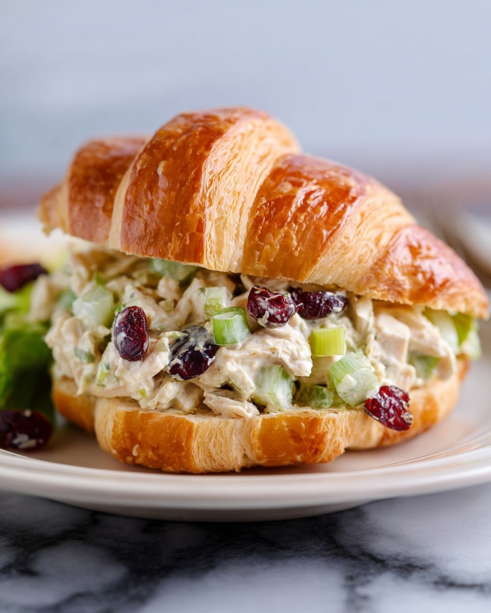 A white croissant sandwich with a flaky, golden-brown crust sits on a white plate with a white marbled background. Inside the croissant, there is a creamy chicken salad filling that layers chopped white chicken pieces, chunks of light green celery, dark red dried cranberries, and small slices of green onion, all mixed with a thick, light-colored dressing. The sandwich is slightly open to clearly show the colorful filling inside. Photo taken with an iphone --ar 4:5 --v 7