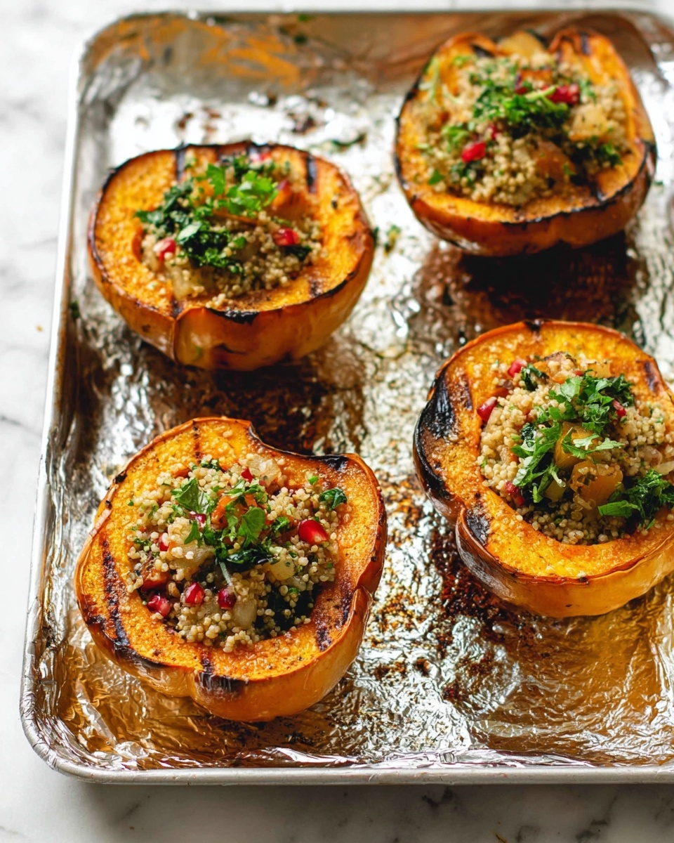 Four roasted orange squash halves are placed on a foil-lined tray with light grill marks and some brown caramelized spots on the edges. Each squash half is filled with a colorful mixture of small beige grains, green leafy vegetables, and tiny red pieces, with some green herbs on top. The squash skin is slightly wrinkled and browned from cooking. The tray rests on a white marbled surface, giving a clean, bright background. photo taken with an iphone --ar 4:5 --v 7