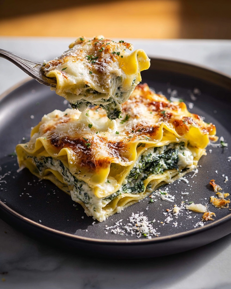 A piece of rolled lasagna on a dark gray plate with three visible layers: a bottom layer of yellow pasta with curled edges, a middle layer of green spinach mixed with white cheese, and a top layer of melted white cheese with spots of golden brown where it’s baked. Some grated cheese is sprinkled around the lasagna on the plate. A fork is lifting one piece, showing the three layers clearly. The dish sits on a white marbled surface with warm light shining on it. photo taken with an iphone --ar 4:5 --v 7