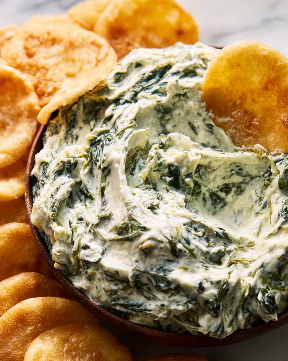 The image shows a close-up of a creamy spinach dip with visible white and dark green streaks mixed evenly, giving it a thick, smooth texture. Around the dip, there are golden-brown round chips that are slightly puffy and crisp-looking. The food is presented on a white marbled surface, and the dip fills most of the frame with the chips arranged around it. Photo taken with an iphone --ar 4:5 --v 7