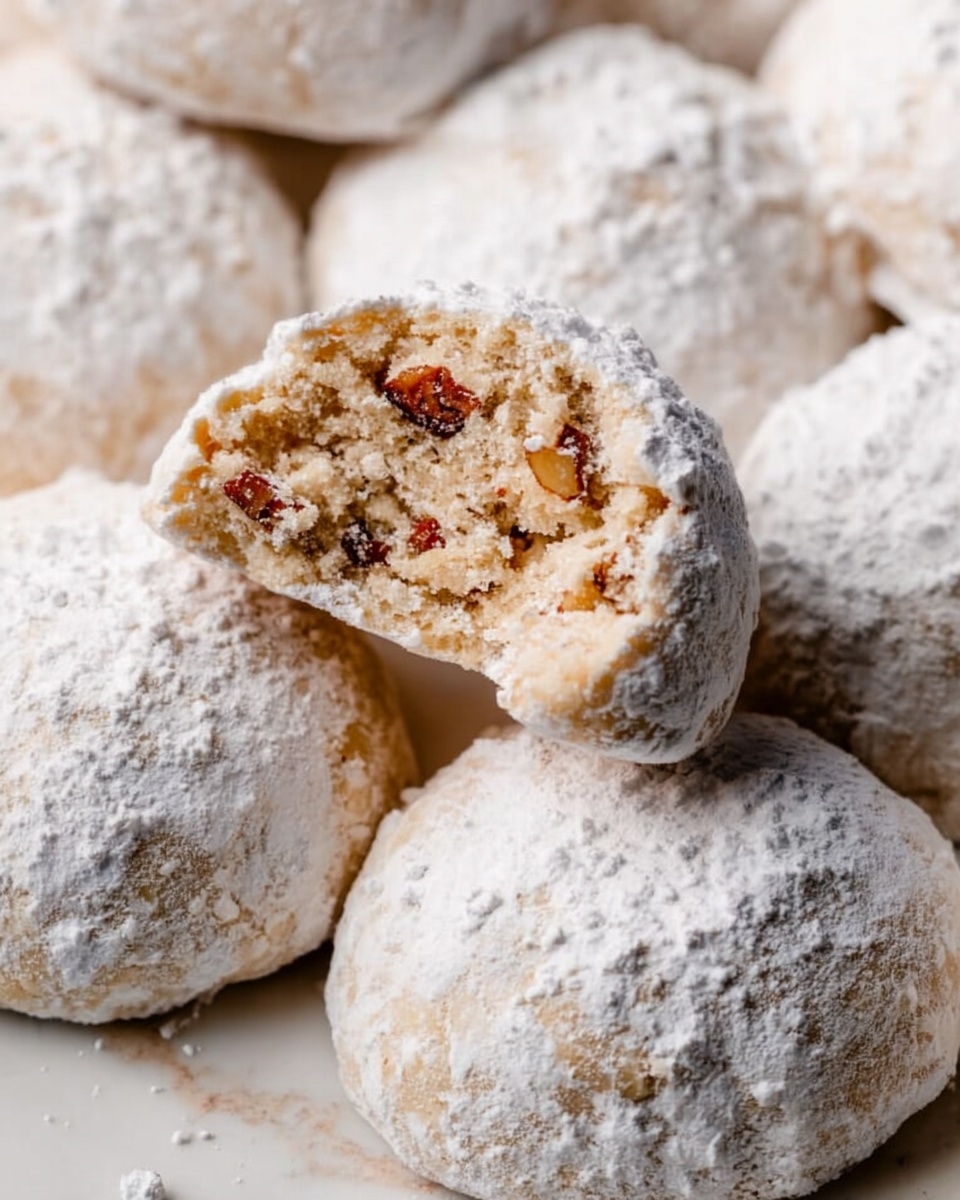 A close-up image shows several round cookies dusted with a thick layer of white powdered sugar. One cookie is partially broken, revealing a crumbly inside with small brown nut pieces scattered throughout its light beige dough. The cookies have a rough, slightly cracked texture on the outside under the powdered sugar. They are resting on a white marbled surface, filling the whole frame. photo taken with an iphone --ar 4:5 --v 7