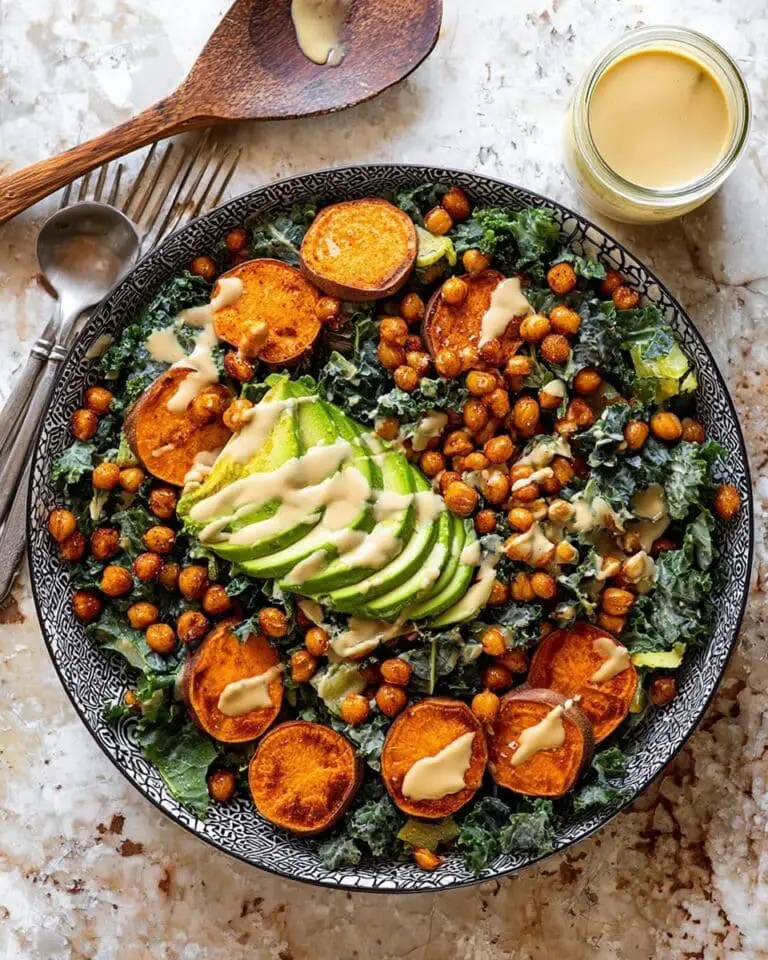 Kale Caesar Salad with Roasted Sweet Potatoes and Crispy Chickpeas Recipe