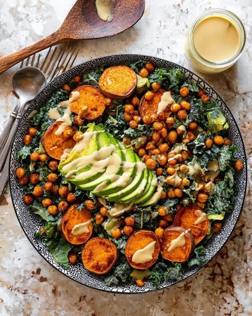 Kale Caesar Salad with Roasted Sweet Potatoes and Crispy Chickpeas Recipe