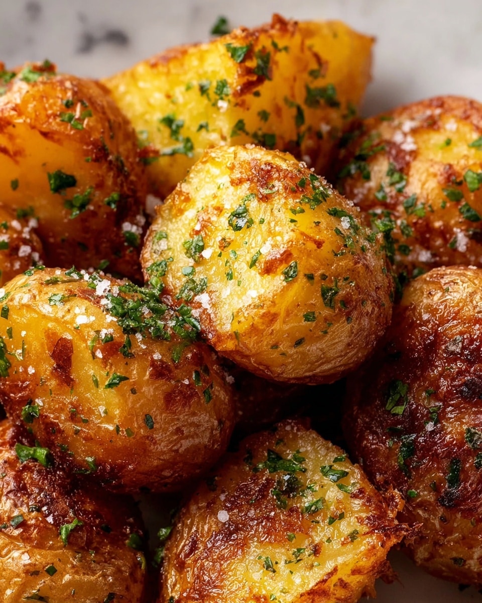 The image shows several small roasted potatoes with a crispy golden-brown skin, covered lightly with chopped green herbs and coarse salt sprinkled on top. The potatoes have a rough texture from roasting, with some edges darker and crunchy, while the inside looks soft and light yellow. The close-up view highlights the uneven, browned surface and fresh green herb bits spread across the potatoes. The background is a clean white marbled texture. photo taken with an iphone --ar 4:5 --v 7
