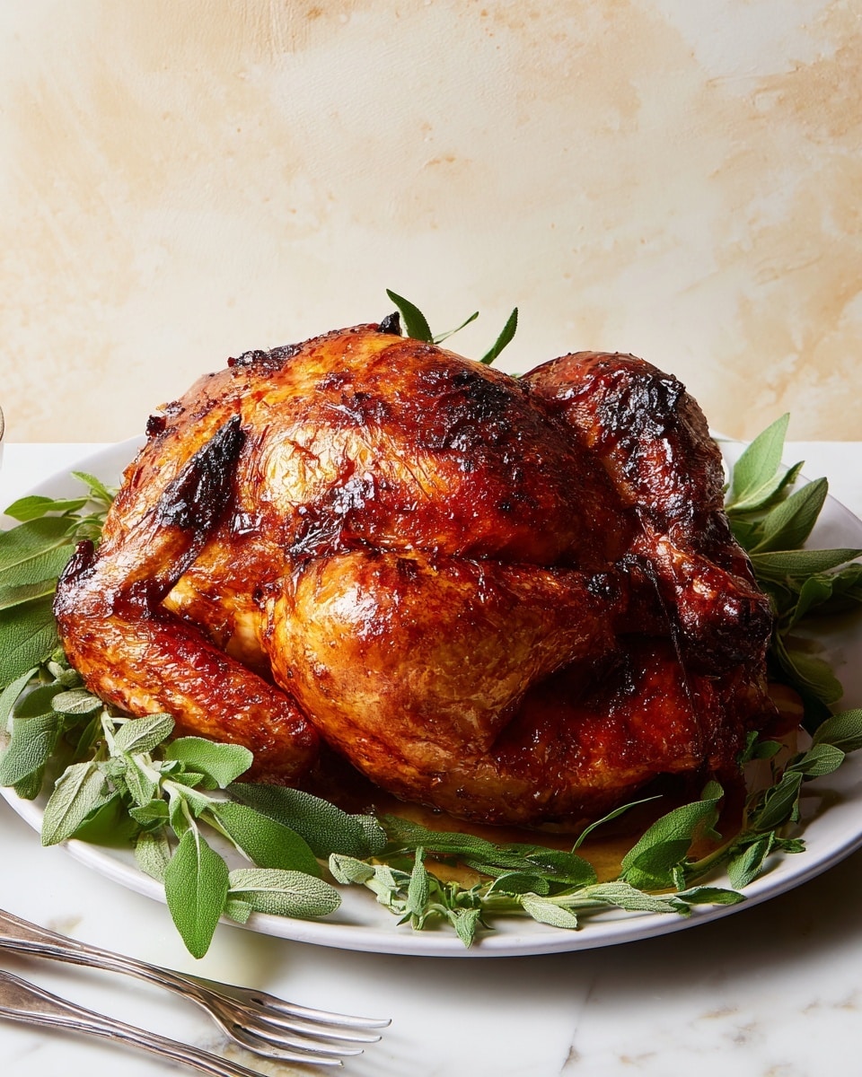 A whole roasted chicken with a crispy, deep golden brown skin sits on a white plate surrounded by fresh green herb leaves. The chicken is plump with a smooth, shiny texture, showing some darker caramelized spots on the top and sides. The plate rests on a white marbled surface with a couple of silver forks placed nearby. The background is a soft, light beige color with a subtle texture. Photo taken with an iphone --ar 4:5 --v 7