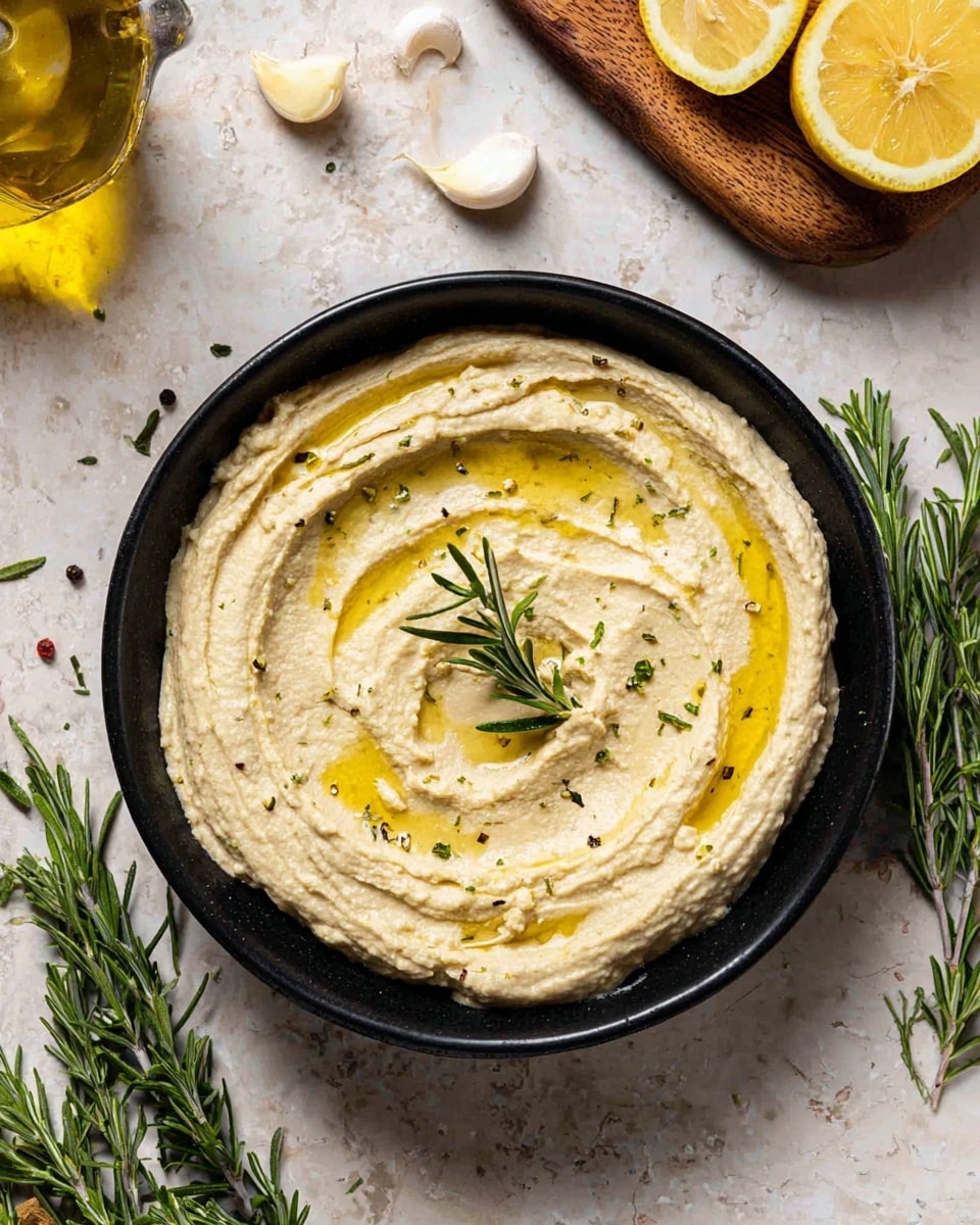 A black bowl filled with creamy, light beige hummus with small specks of herbs mixed in, spread smoothly with some wavy texture visible on the surface. A drizzle of golden olive oil is spread in streaks over the top, with a small green rosemary twig placed in the center as garnish. The bowl sits on a white marbled surface, surrounded by scattered fresh rosemary sprigs, a halved lemon on a wooden board, garlic cloves, and a bottle of olive oil partly visible. Photo taken with an iphone --ar 4:5 --v 7