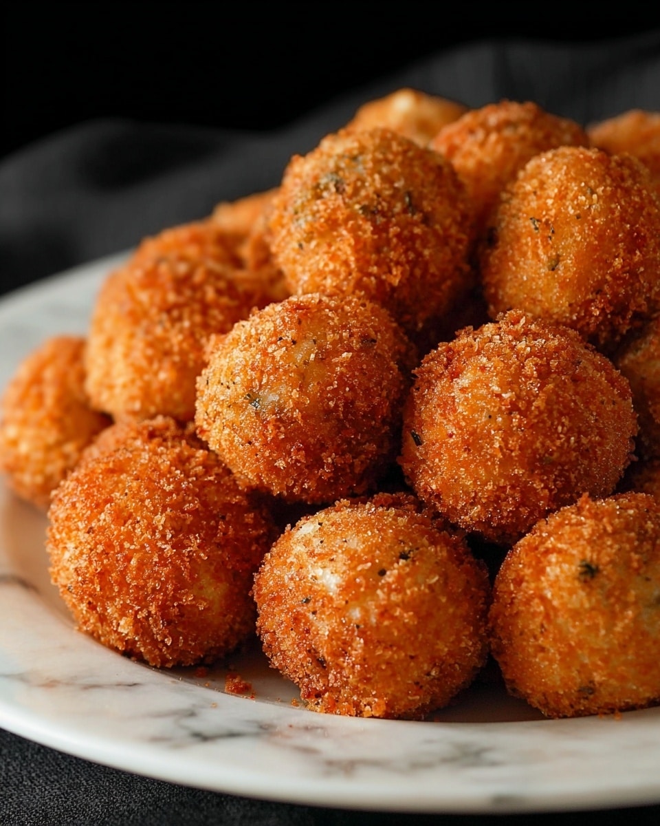 A close-up image shows a white plate filled with many golden brown, round fried balls that have a crunchy and textured crumb coating. The balls are piled together, showing crispy edges and a rough, uneven surface that highlights their fried texture. The plate rests on a white marbled surface with a black background that makes the colors of the fried balls stand out sharply. photo taken with an iphone --ar 4:5 --v 7