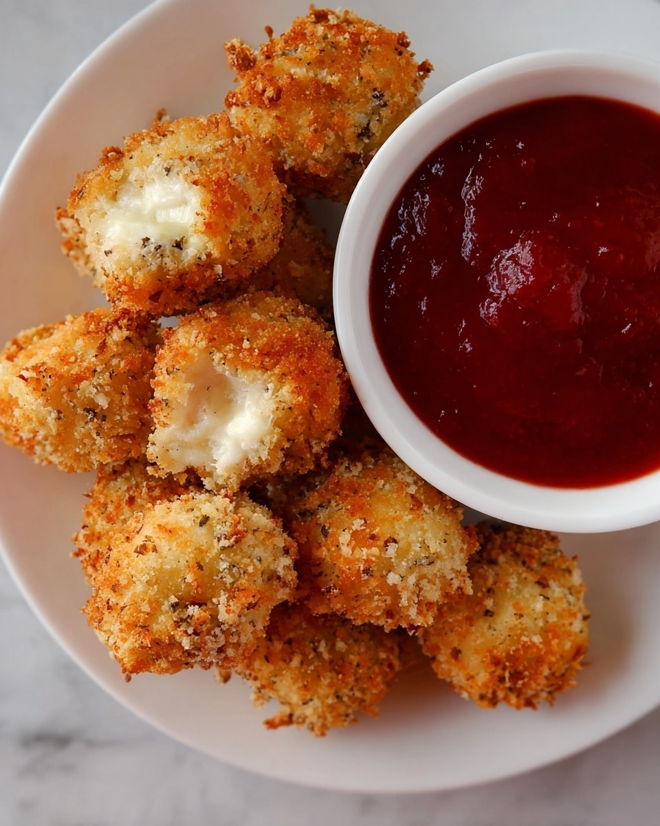 The image shows a white plate holding several small, round fried snacks that are golden brown and crispy, with a crumbly texture all over. Some of the snacks have a bit of white filling peeking out from the crispy outer layer. Next to the snacks, on the right edge of the plate, is a white bowl filled with thick, deep red sauce. The plate is placed on a white marbled surface. photo taken with an iphone --ar 4:5 --v 7