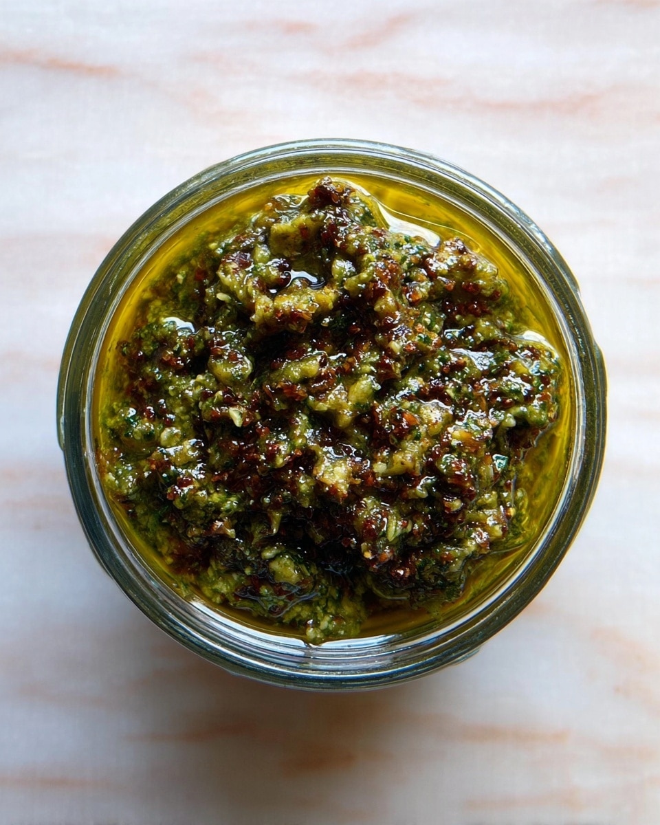 A top view of a small clear glass bowl filled with a chunky green pesto sauce mixed with brown bits and some oil on top, showing rich texture and vibrant colors, placed on a white marbled surface photo taken with an iphone --ar 4:5 --v 7