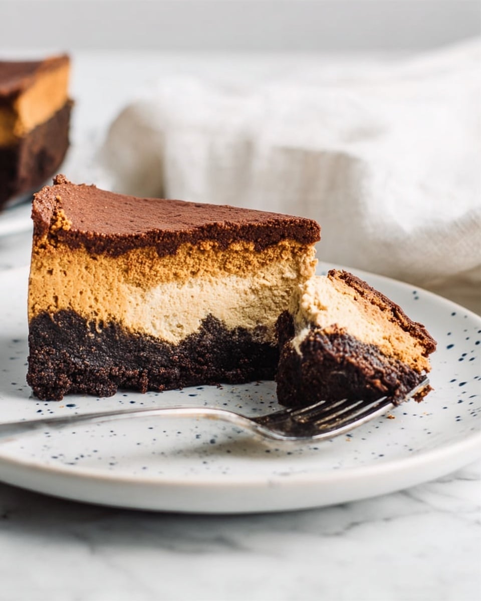 The image shows a slice of three-layer dessert on a white plate with small blue speckles. The bottom layer is dark brown, crumbly, and dense, forming the base. The middle layer is thick, light brown, and smooth, with a creamy texture. The top layer is a darker brown, slightly cracked, and firm, forming a thin crust over the slice. A metal fork lies on the plate, lifting a piece of the dessert, revealing the layers clearly. The background has a soft white marbled texture with a white cloth partially visible. Photo taken with an iphone --ar 4:5 --v 7