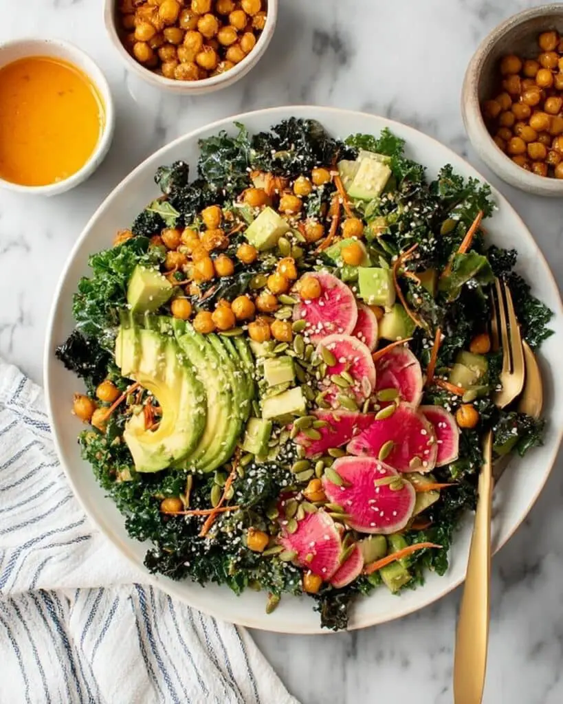 Colorful Kale Salad with Roasted Chickpeas, Avocado, and Ginger Dressing Recipe