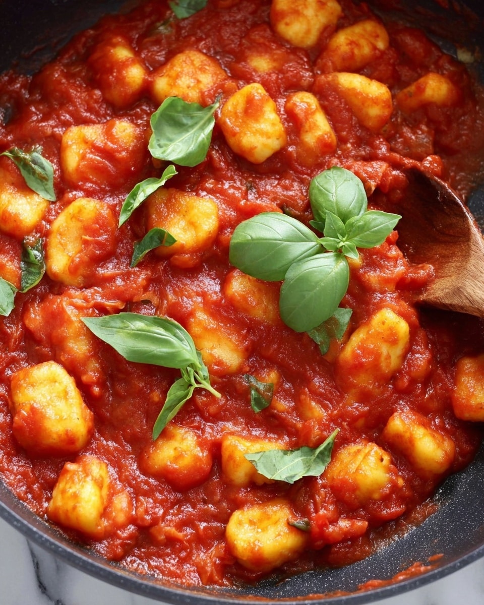 This image shows a close-up of a dish with soft, small yellow gnocchi pieces covered in thick, chunky red tomato sauce. The gnocchi pieces are scattered evenly throughout the sauce, which has a rich texture with visible bits of tomato. On top, fresh green basil leaves are placed as a garnish, adding a bright contrast to the red and yellow colors. The dish is inside a dark cooking pan, with a wooden spoon partially visible on the right side, stirring the food. The background surface is a white marbled texture. photo taken with an iphone --ar 4:5 --v 7