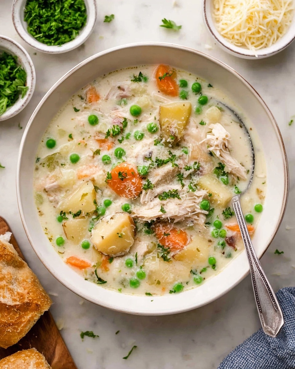 A deep white bowl filled with creamy soup showing three main layers: a white thick broth base with a smooth texture, scattered bright green peas and thinly sliced orange carrots floating throughout, and chunks of white shredded chicken and potato pieces with a light brown skin visible. A silver spoon rests inside the bowl on the right side, with some soup on it. The bowl sits on a white marbled surface with some fresh green parsley leaves and shredded cheese in small white bowls nearby, and a piece of bread on a wooden board at the bottom left. Photo taken with an iphone --ar 4:5 --v 7