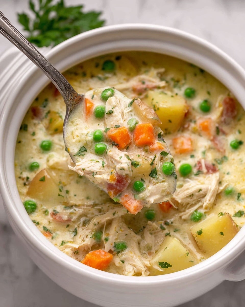 A white bowl filled with a thick creamy soup showing three main layers: on the top, bright green peas and orange carrot slices, in the middle, chunks of white shredded chicken, and at the bottom, small pieces of light brown potato with skin in a creamy pale yellow broth mixed with herbs, a silver spoon lifting a scoop of the soup showing all layers close up, the background is a white marbled surface with a bit of green leafy decoration blurred above. photo taken with an iphone --ar 4:5 --v 7