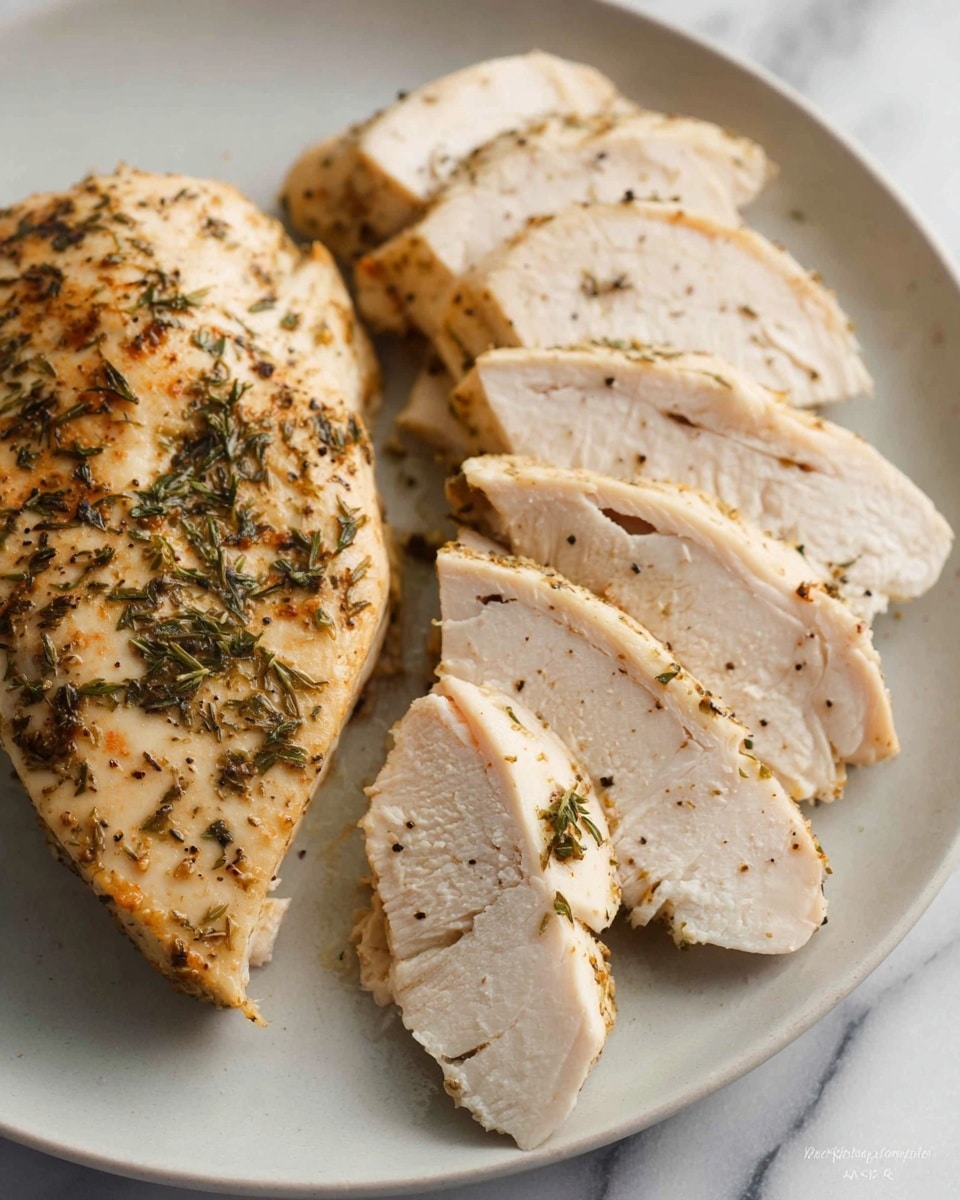 A close-up view of a white plate showing cooked chicken pieces with a light brown and herby seasoning on them. The dish has one thick, whole piece of chicken breast with a smooth and slightly browned top layer, and beside it, several thin slices of the same chicken arranged in a neat row. The chicken texture is slightly moist and tender looking, with visible small herbs and black pepper sprinkled on top. The plate is set on a white marbled surface. photo taken with an iphone --ar 4:5 --v 7
