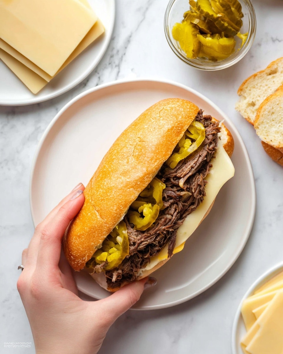 The image shows a white oval slow cooker filled with shredded brown meat in a rich broth. There are whole and sliced bright yellow-green peppers scattered on top, adding color contrast. Around the cooker, there are light golden bread rolls and a small white bowl with bright yellow pickles or peppers on a white marbled surface. In the top right corner, thin round white slices of cheese or bread are partly visible. The scene is bright and clean, with a focus on the slow cooker and its contents photo taken with an iphone --ar 4:5 --v 7