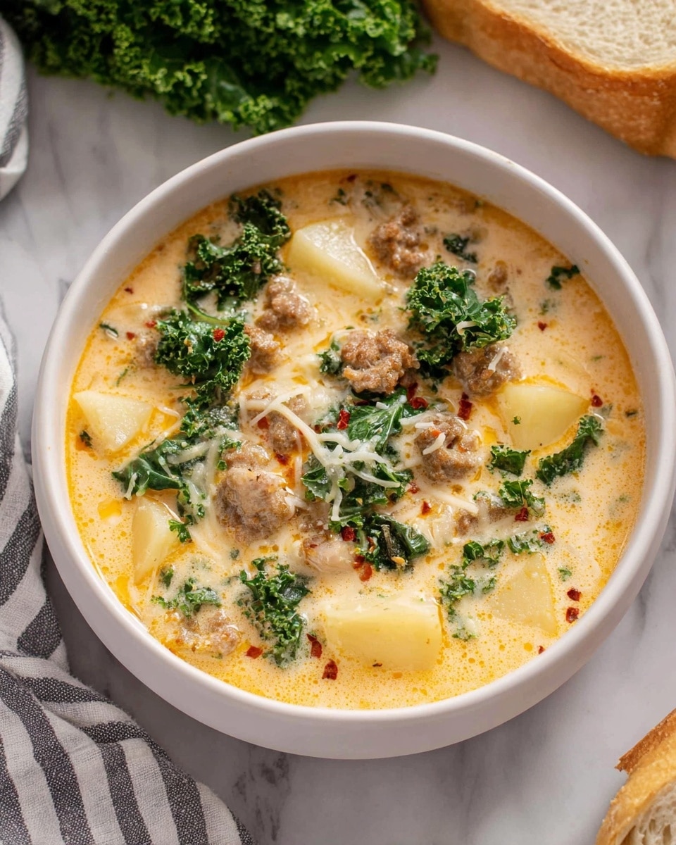 A white bowl filled with creamy soup showing three main layers: the top layer has green kale leaves, light brown cooked meat pieces, and bits of grated cheese. The middle layer is a creamy, light orange broth with visible small bits of onions and red pepper flakes. The bottom layer has pale yellow chunks of potatoes partly submerged in the broth. The bowl is placed on a white marbled surface with a piece of sliced bread in the top right background and some green kale leaves in the top left. A striped cloth is at the bottom left corner next to the bowl. photo taken with an iphone --ar 4:5 --v 7