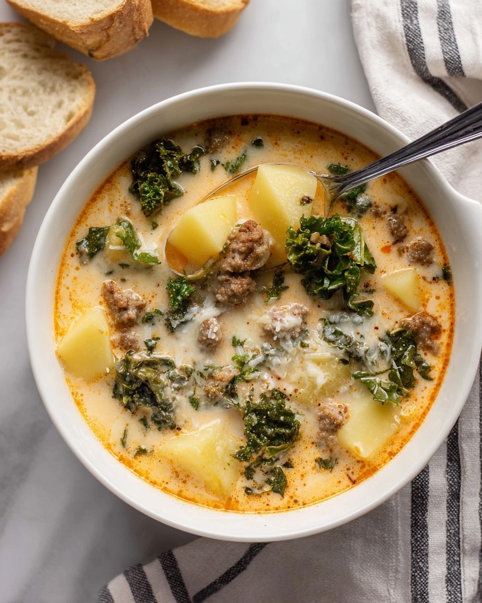 A white bowl filled with creamy soup that has several layers visible: large chunks of light yellow potatoes, dark green kale leaves, small pieces of cooked brown sausage, and melted white cheese sprinkled over the top. The soup broth is a mix of light orange and creamy white colors with a smooth texture. A silver spoon is placed inside the bowl, holding some kale, sausage, and potato pieces. The bowl is on a white marbled surface, next to a striped cloth napkin and some sliced bread in the background. photo taken with an iphone --ar 4:5 --v 7