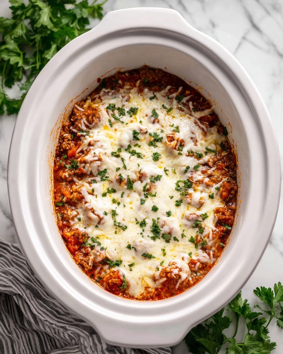 The image shows a slow cooker filled with a baked dish that has two main layers. The bottom layer is a thick, chunky red sauce mixed with small pieces of browned meat and vegetables, creating a textured, hearty base. The top layer is melted white cheese covering the sauce unevenly, with some golden brown spots indicating it is hot and fresh from baking. Small green parsley flakes are sprinkled across the melted cheese, adding a touch of color. The slow cooker is white and placed on a white marbled surface, with some green parsley leaves and a striped cloth napkin nearby. Photo taken with an iphone --ar 4:5 --v 7